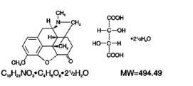 The following structural formula for Hydrocodone bitartrate is an opioid analgesic and occurs as fine, white crystals or as a crystalline powder. It is affected by light. The chemical name is 4, 5α-epoxy-3-methoxy-17-methylmorphinan-6-one tartrate  (1:1) hydrate (2:5). 