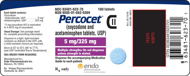 Image of the Percocet (oxycodone and acetaminophen tablets, USP) 5 mg/325 mg 100ct label.
