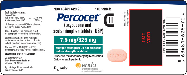 Image of the Percocet (oxycodone and acetaminophen tablets, USP) 7.5 mg/325 mg 100ct label.