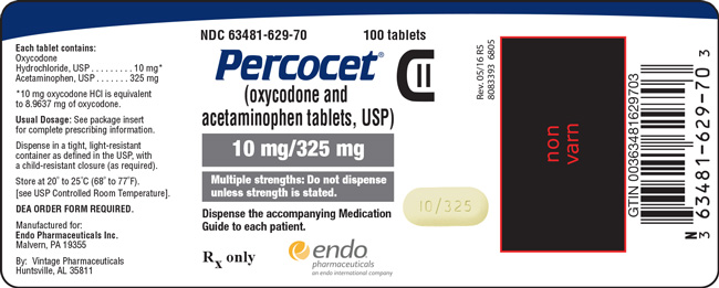 Image of the Percocet (oxycodone and acetaminophen tablets, USP) 10 mg/325 mg 100ct label.