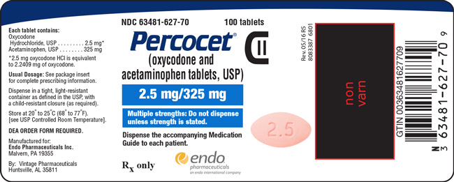 Image of the Percocet (oxycodone and acetaminophen tablets, USP) 2.5 mg/325 mg 100ct label.
