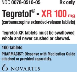 PRINCIPAL DISPLAY PANEL
Package Label – XR 100 mg
Rx OnlyNDC 0078-0510-05
Tegretol® XR 100 mg
(carbamazepine extended-release tablets)
Tegretol-XR tablets must be swallowed
whole and never crushed or chewed.
100 tablets
PHARMACIST: Dispense with Medication Guide 
attached or provided separately.
