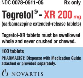 PRINCIPAL DISPLAY PANEL
Package Label – XR 200 mg
Rx OnlyNDC 0078-0511-05
Tegretol® XR 200 mg
(carbamazepine extended-release tablets)
Tegretol-XR tablets must be swallowed
whole and never crushed or chewed.
100 tablets
PHARMACIST: Dispense with Medication Guide 
attached or provided separately.

