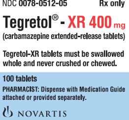 PRINCIPAL DISPLAY PANEL
Package Label – XR 400 mg
Rx OnlyNDC 0078-0512-05
Tegretol® XR 400 mg
(carbamazepine extended-release tablets)
Tegretol-XR tablets must be swallowed
whole and never crushed or chewed.
100 tablets
PHARMACIST: Dispense with Medication Guide 
attached or provided separately.
